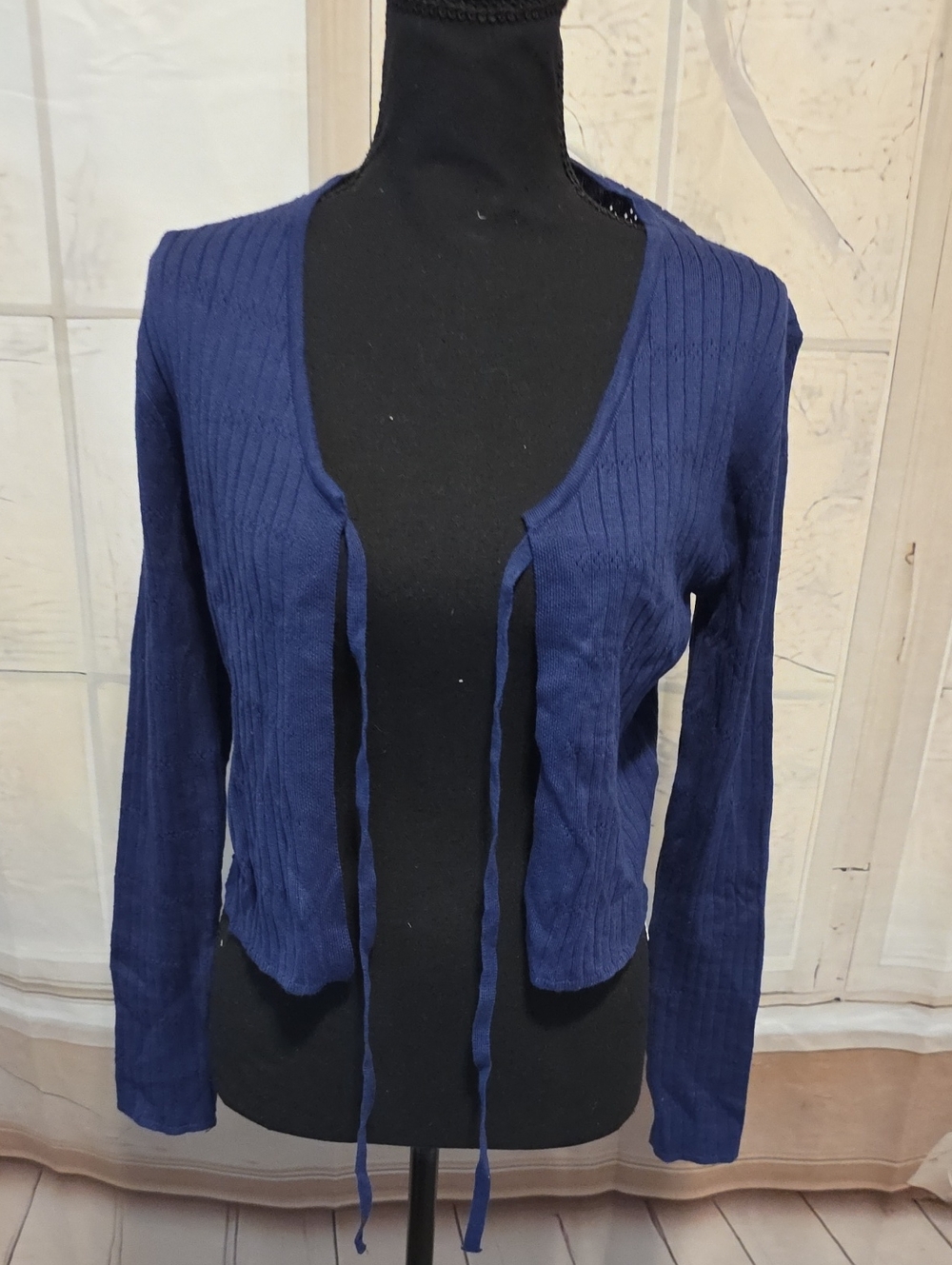 Navy Tie-Front Ribbed Women's Sweater